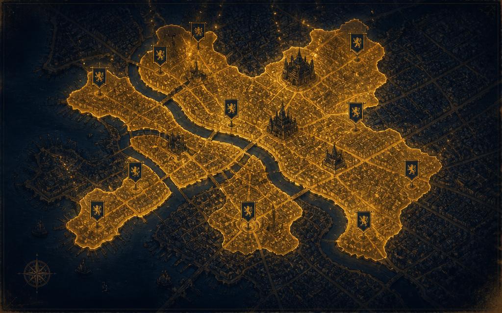 Illustrated night map with a glowing golden territory spreading across streets